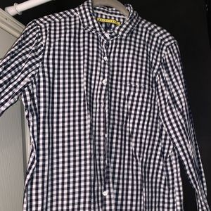 Navy blue and white flannel top